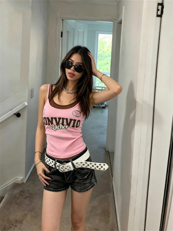Unique Color-blocked Letter Print Slim-fit Base Vest