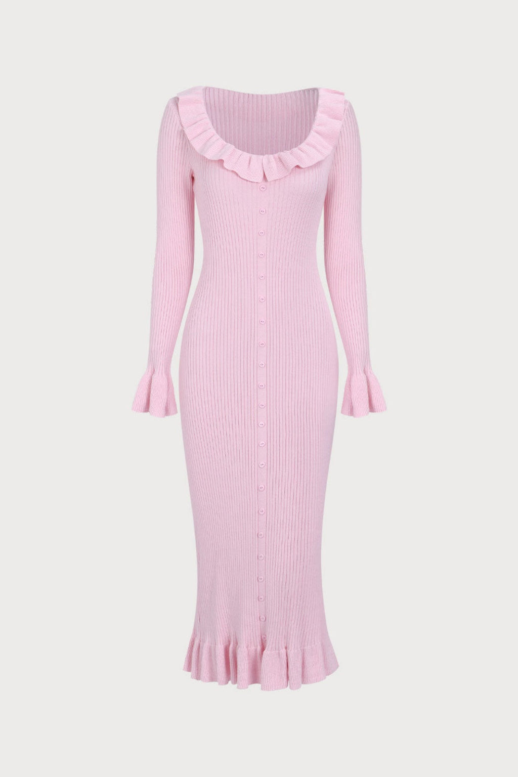 Rib Knit Ruffle Trim Button-Front Midi Dress