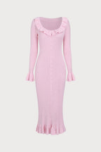 Rib Knit Ruffle Trim Button-Front Midi Dress