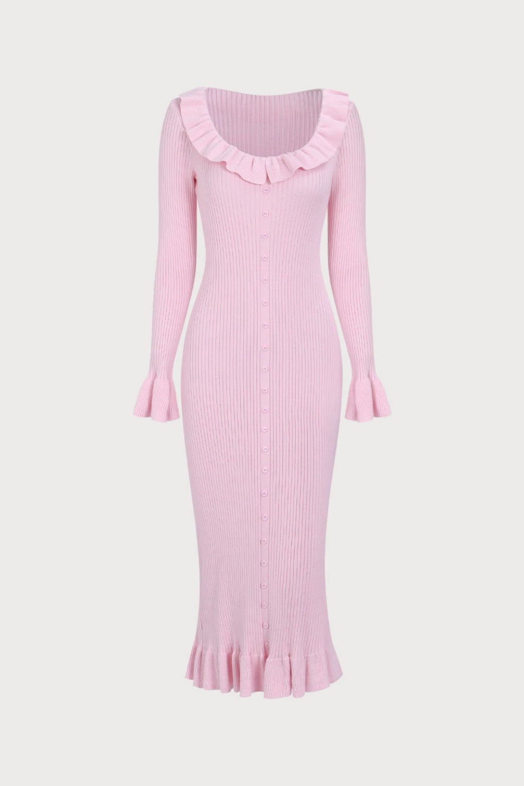 Ruffle Scoop Neck Ribbed Knit Button Front Flare Cuff Midi Dress
