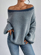 Stripes Off-the-shoulder Neckline Color Matching Knitted Sweater