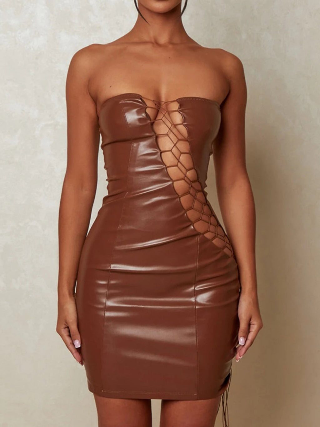 PU Leather Hollow Out Strapless Bra Waist-cinching, Hip-hugging, Bust-shaping Party Mini&Short Dresses