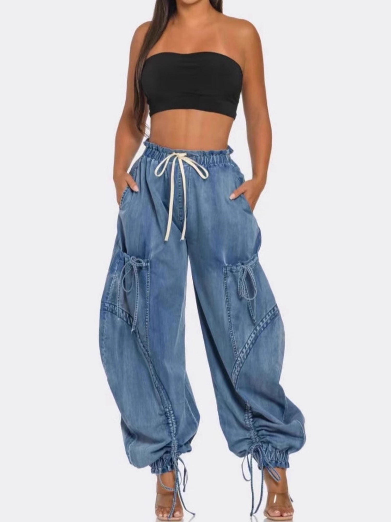 Y2K Drawstring Bow Tie Loose-fitting Ankles Jeans