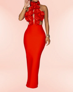 3D Flowers Valentine's Day Neckband Pleated Midi Dresses