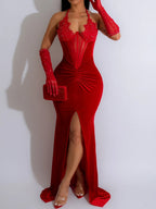 Lace And Velvet Patchwork Rhinestone-studded Evening Gown Mesh See-through Halter Neck Slit Maxi Dresses