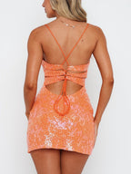 Sequins Bow Tie Spaghetti Strap Backless Mini&Short Dresses