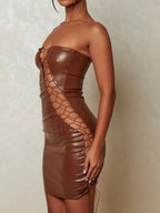 PU Leather Hollow Out Strapless Bra Waist-cinching, Hip-hugging, Bust-shaping Party Mini&Short Dresses