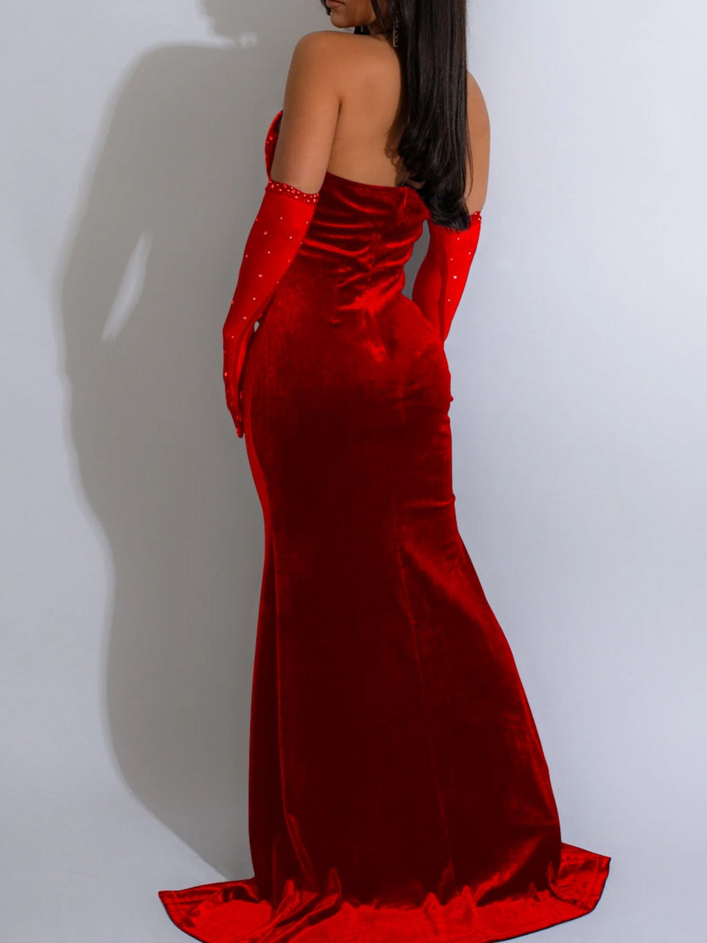 Lace And Velvet Patchwork Rhinestone-studded Evening Gown Mesh See-through Halter Neck Slit Maxi Dresses