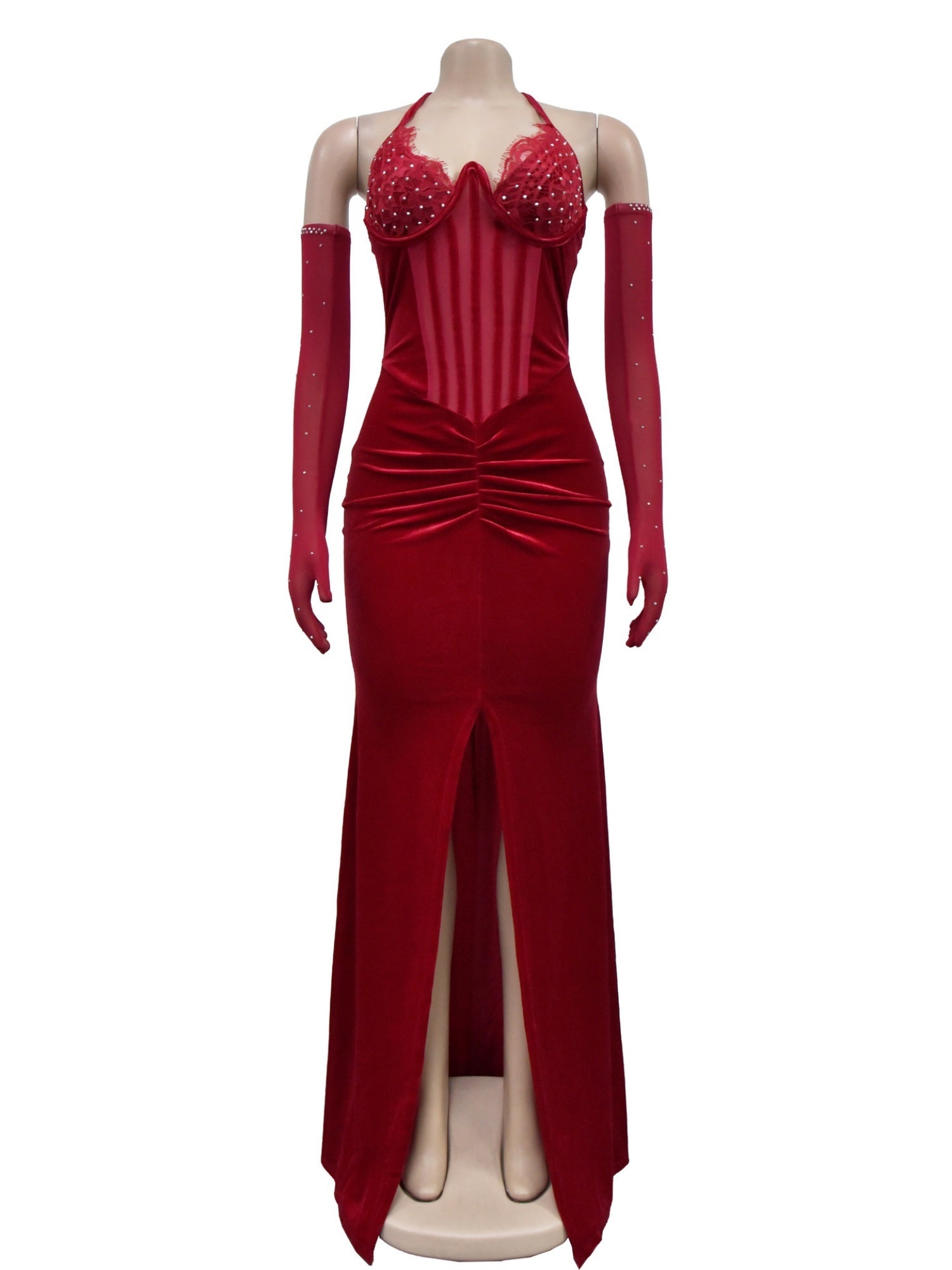Lace And Velvet Patchwork Rhinestone-studded Evening Gown Mesh See-through Halter Neck Slit Maxi Dresses