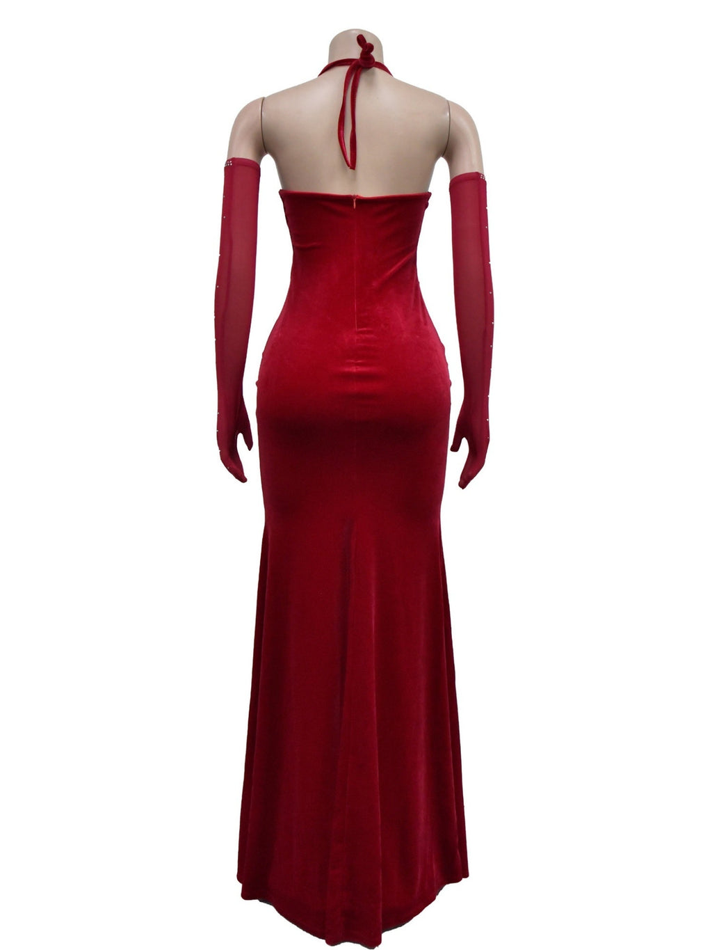 Lace And Velvet Patchwork Rhinestone-studded Evening Gown Mesh See-through Halter Neck Slit Maxi Dresses