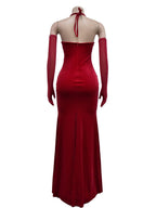 Lace And Velvet Patchwork Rhinestone-studded Evening Gown Mesh See-through Halter Neck Slit Maxi Dresses
