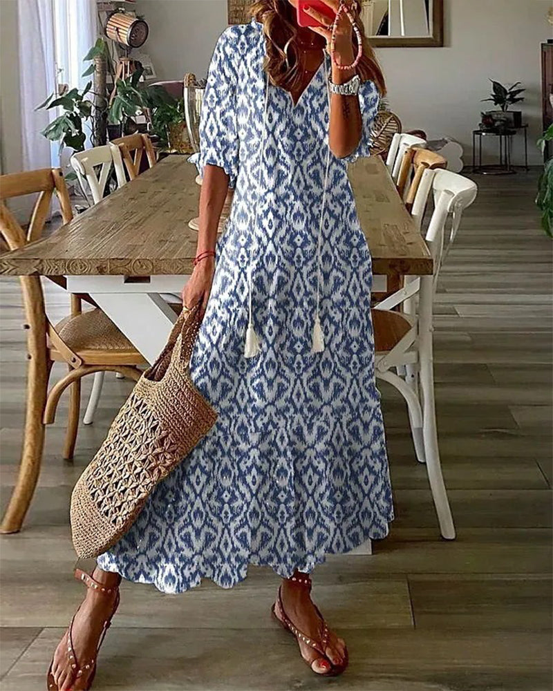 Luciana Premium Printed Long Dress with V Neck and Half Sleeves Wardrobe Essential