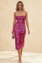 Square Neck Spaghetti Strap Ombre Disc Sequin Bodycon Midi Dress
