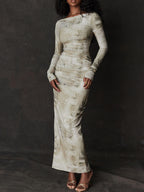 Boat Neck Long Sleeve Horizontal Ruching Newspaper Print Bodycon Maxi Dress
