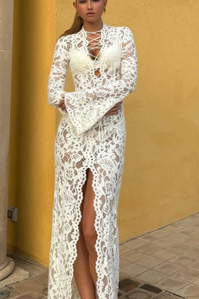 Floral Lace Deep V-Neck Lace Up Bell Sleeve High Split Maxi Dress
