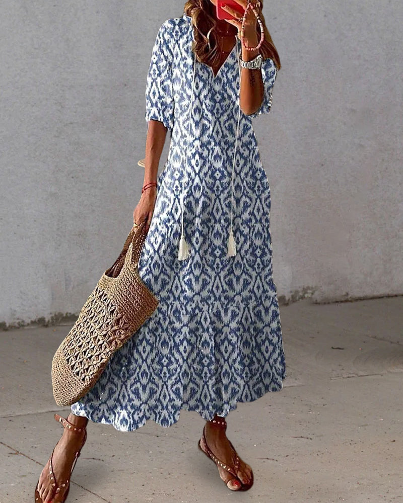 Luciana Premium Printed Long Dress with V Neck and Half Sleeves Wardrobe Essential