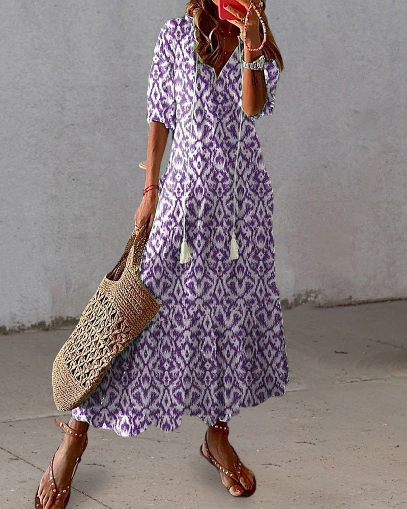 Ursula Statement Printed Long Dress with V Neck and Half Sleeves Evening Wear Edit