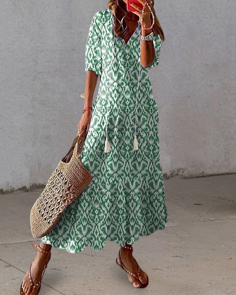 Luciana Premium Printed Long Dress with V Neck and Half Sleeves Wardrobe Essential