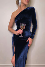 One Shoulder Single Sleeve Velvet Ruched High Slit Midi Dress