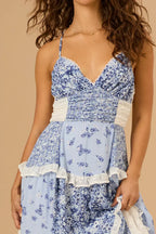 Floral Patchwork Ruched Deep V-Neck Tiered Ruffle Lace Trim Maxi Dress