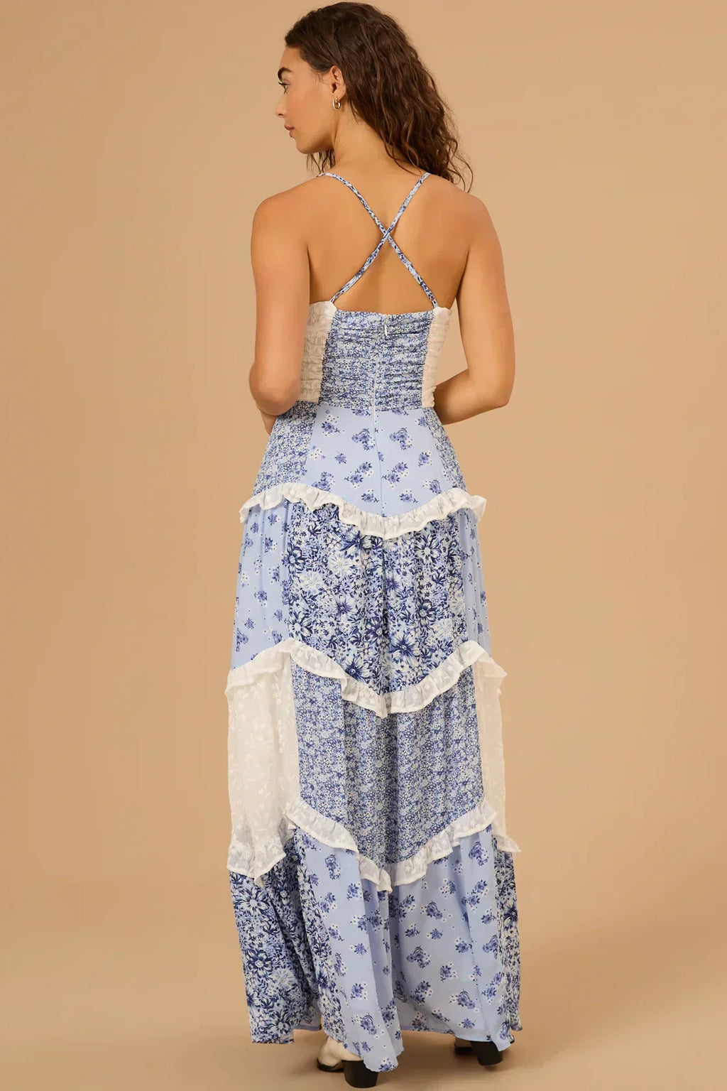 Floral Patchwork Ruched Deep V-Neck Tiered Ruffle Lace Trim Maxi Dress