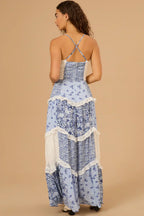 Floral Patchwork Ruched Deep V-Neck Tiered Ruffle Lace Trim Maxi Dress