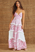 Floral Patchwork Ruched Deep V-Neck Tiered Ruffle Lace Trim Maxi Dress