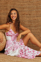 Floral Patchwork Ruched Deep V-Neck Tiered Ruffle Lace Trim Maxi Dress