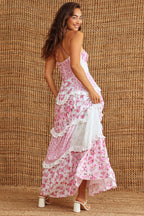 Floral Patchwork Ruched Deep V-Neck Tiered Ruffle Lace Trim Maxi Dress