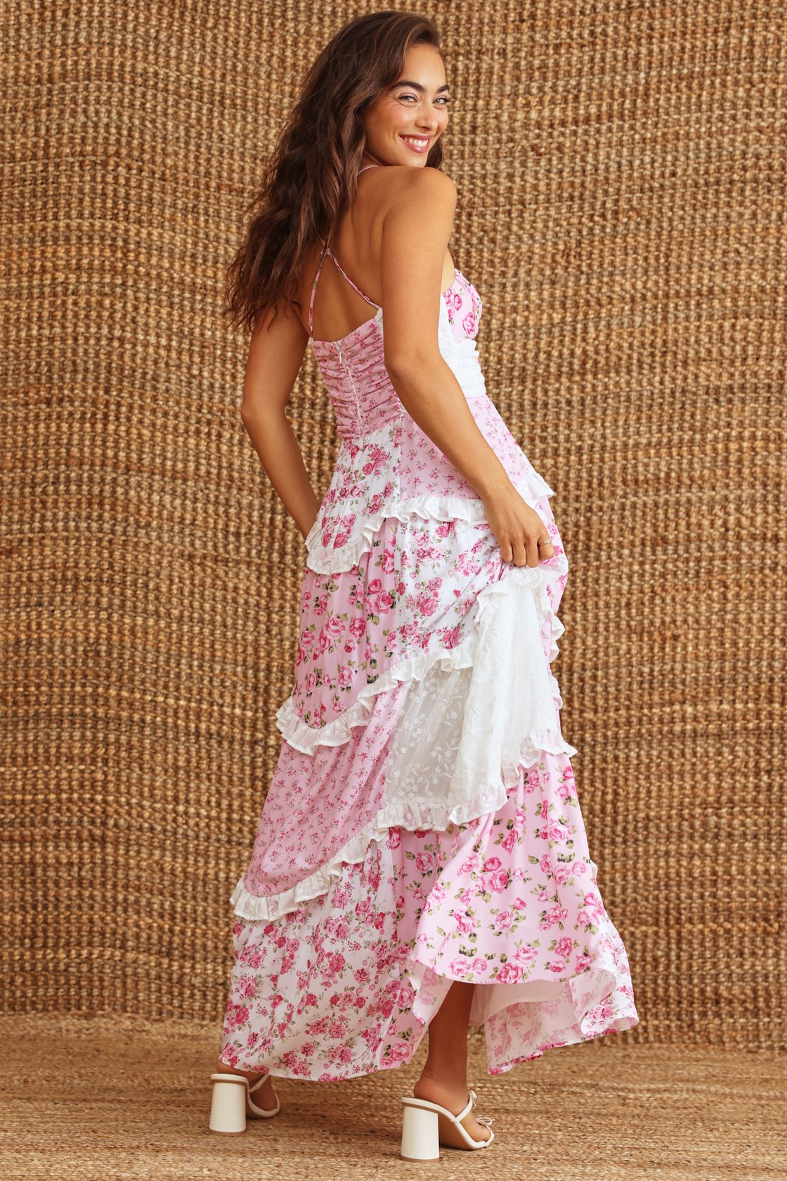 Floral Patchwork Ruched Deep V-Neck Tiered Ruffle Lace Trim Maxi Dress