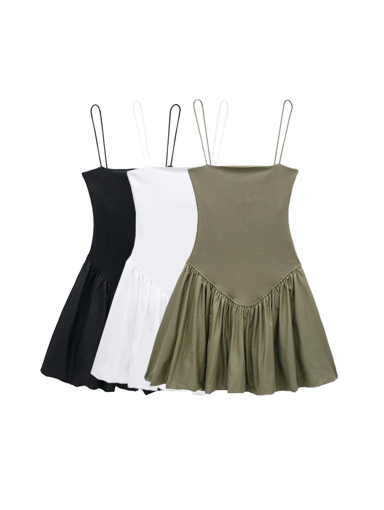 Spaghetti Strap Dropped Waist Pleated Skirt Fit and Flare Mini Dress