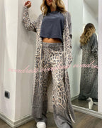 Comfort first Leopard Print Pocket Long Sleeve Cardigan Elastic Waist Pants Set