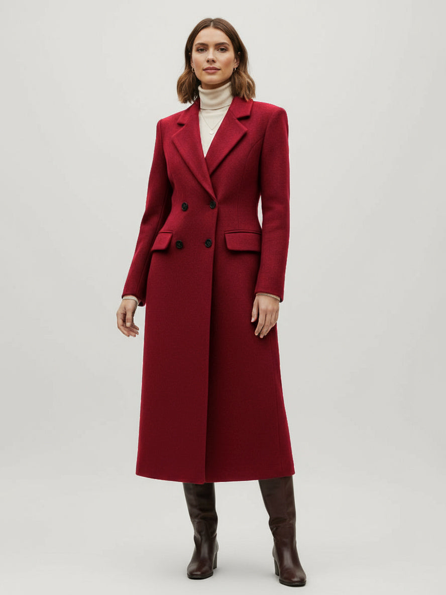 Woolen Double-Breasted Long Coat With Notch Lapel And Flap Pockets For Women 2026