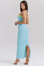 Ribbed Lace Trim Balconette Spaghetti Strap Bodycon Maxi Dress