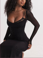 Lace Trim Corset Bodice Mesh Sleeve Ruched Bodycon Maxi Dress