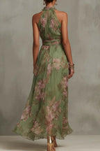 Floral Print Halter Neck Sleeveless Fitted Waist Casual Vacation Maxi Dress