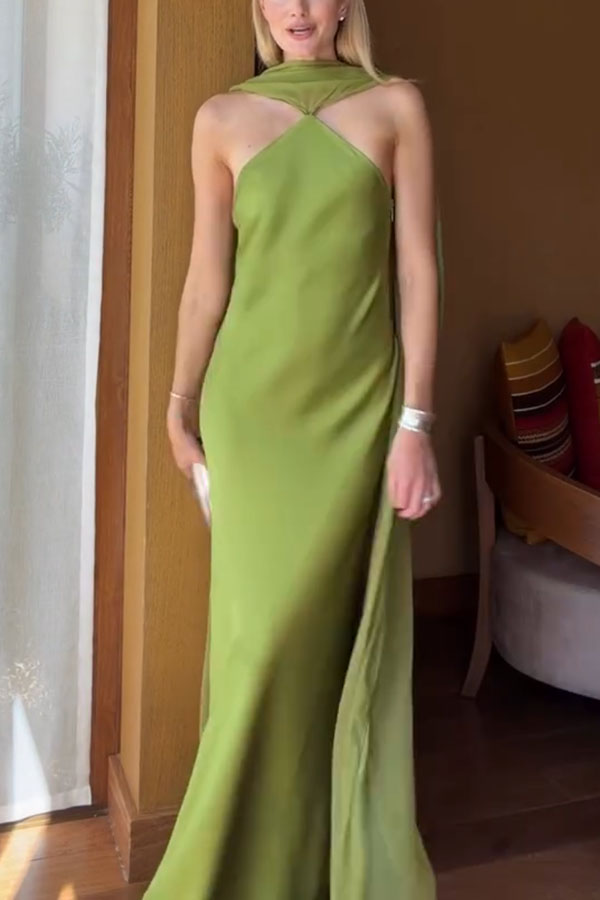 Elegant and Refined Satin Detachable Scarf-style Halter Maxi Dress