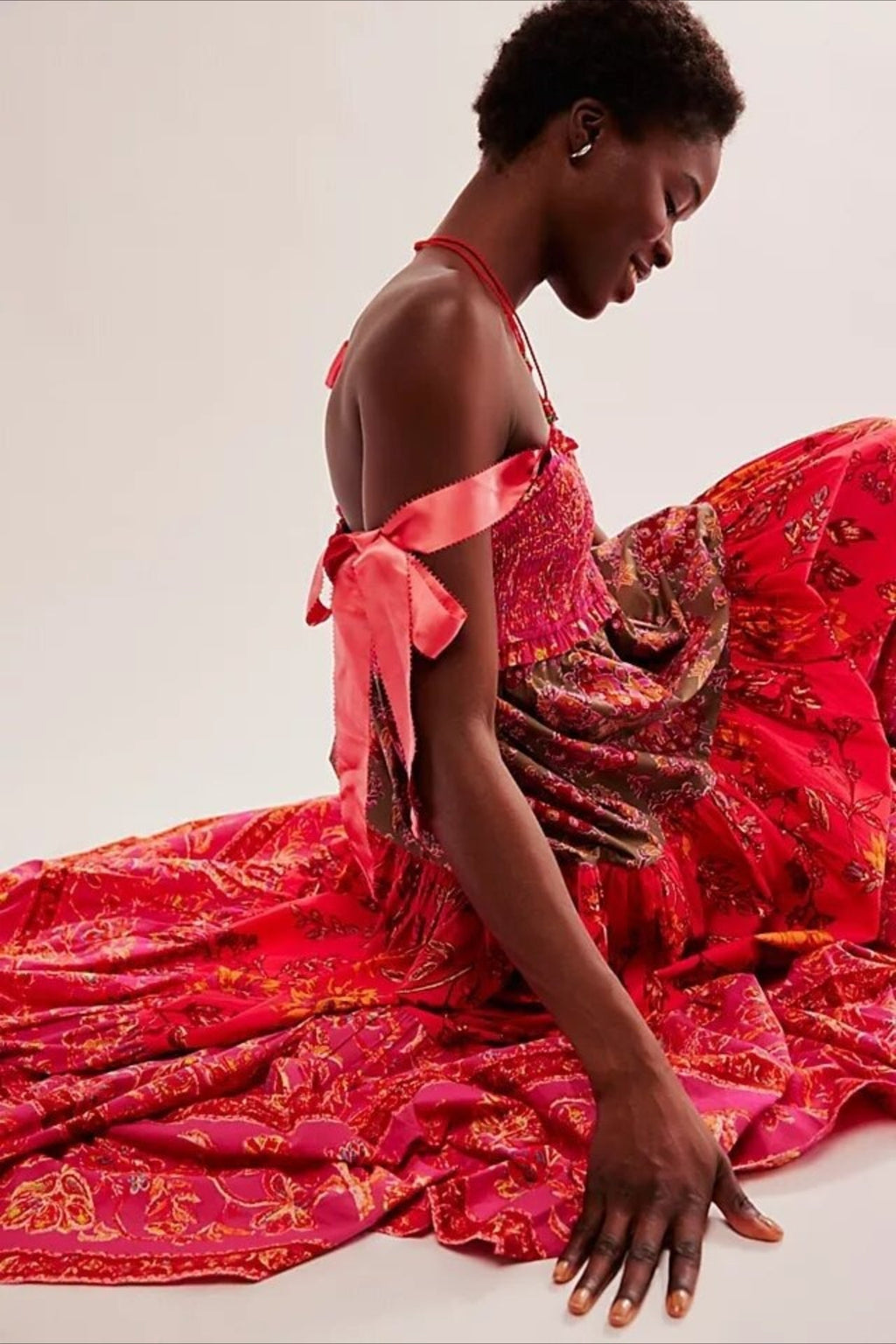 Smocked V Neck Bow Shoulder Strap Mixed Floral Tiered Maxi Dress