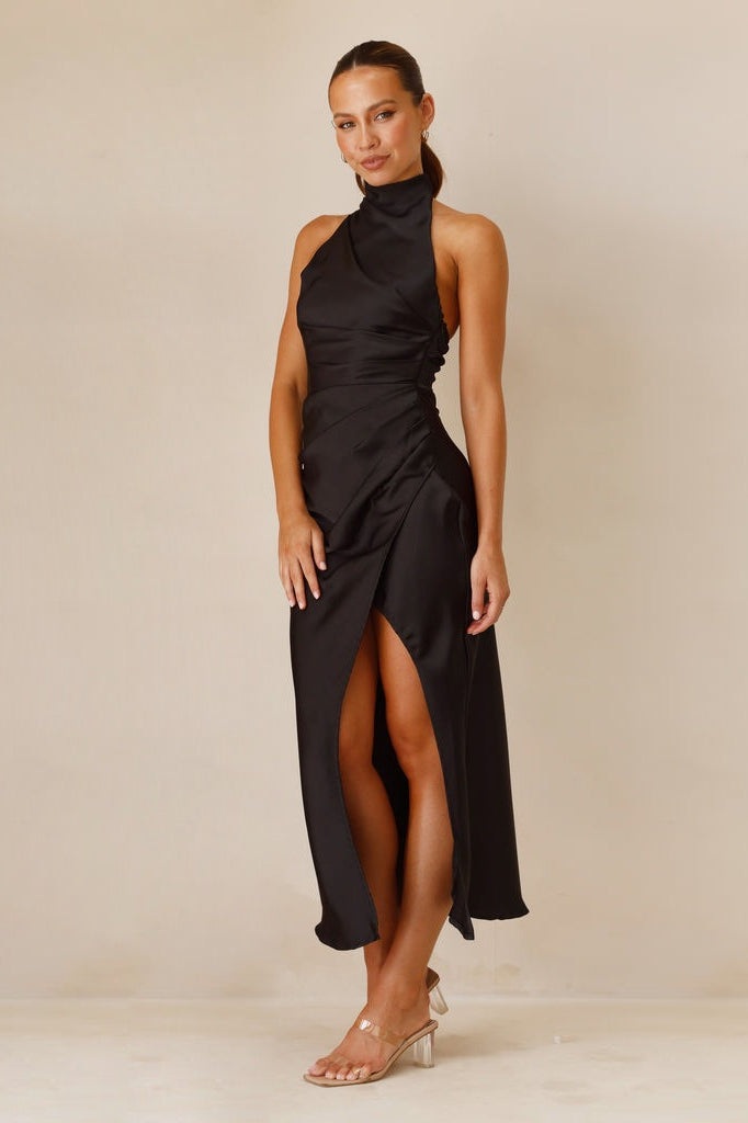 Halter Neck Ruched Pleated Wrap Thigh Slit Satin Midi Dress
