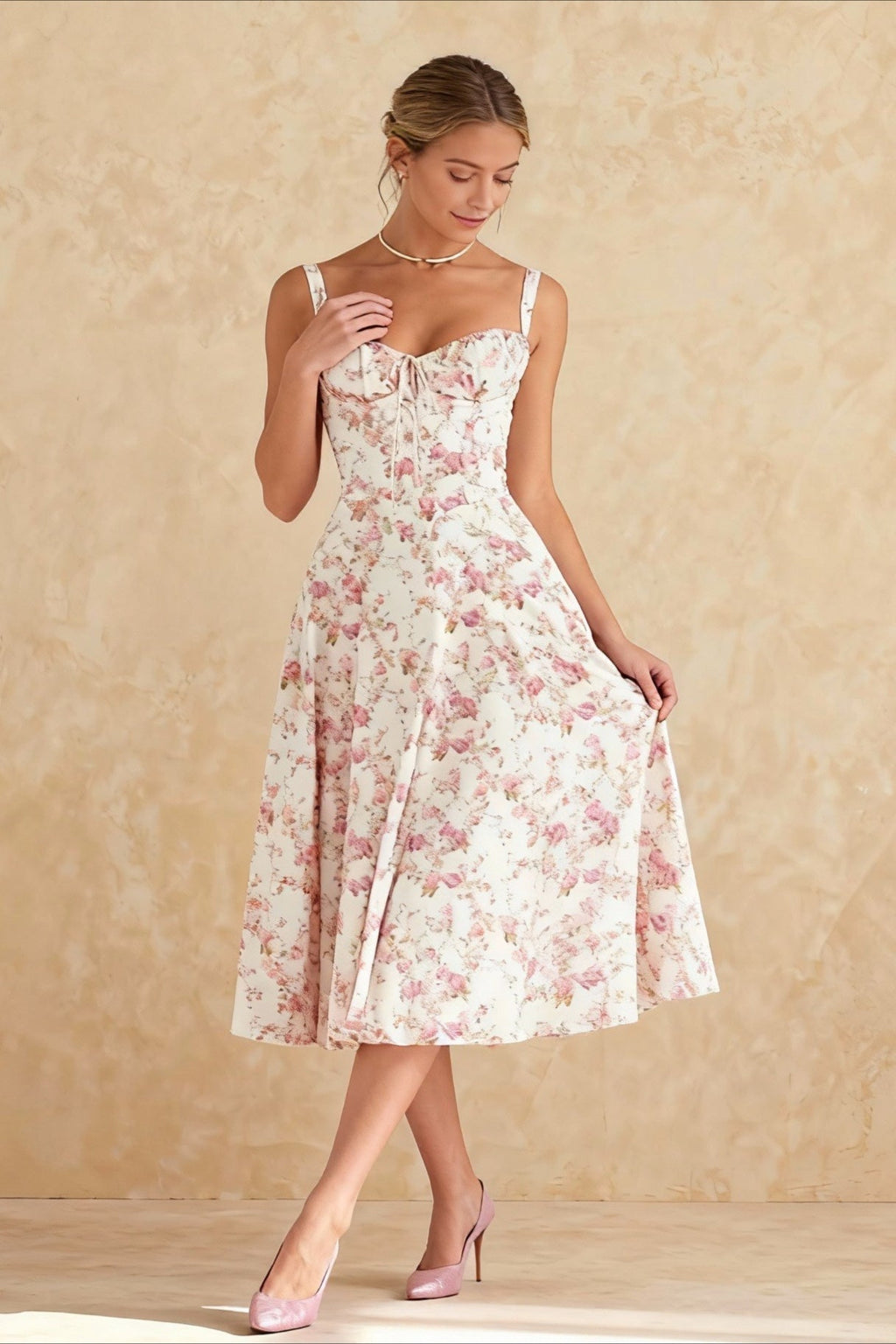 Bustier Sweetheart Tie Front Wide Strap Floral Print A-Line Midi Dress