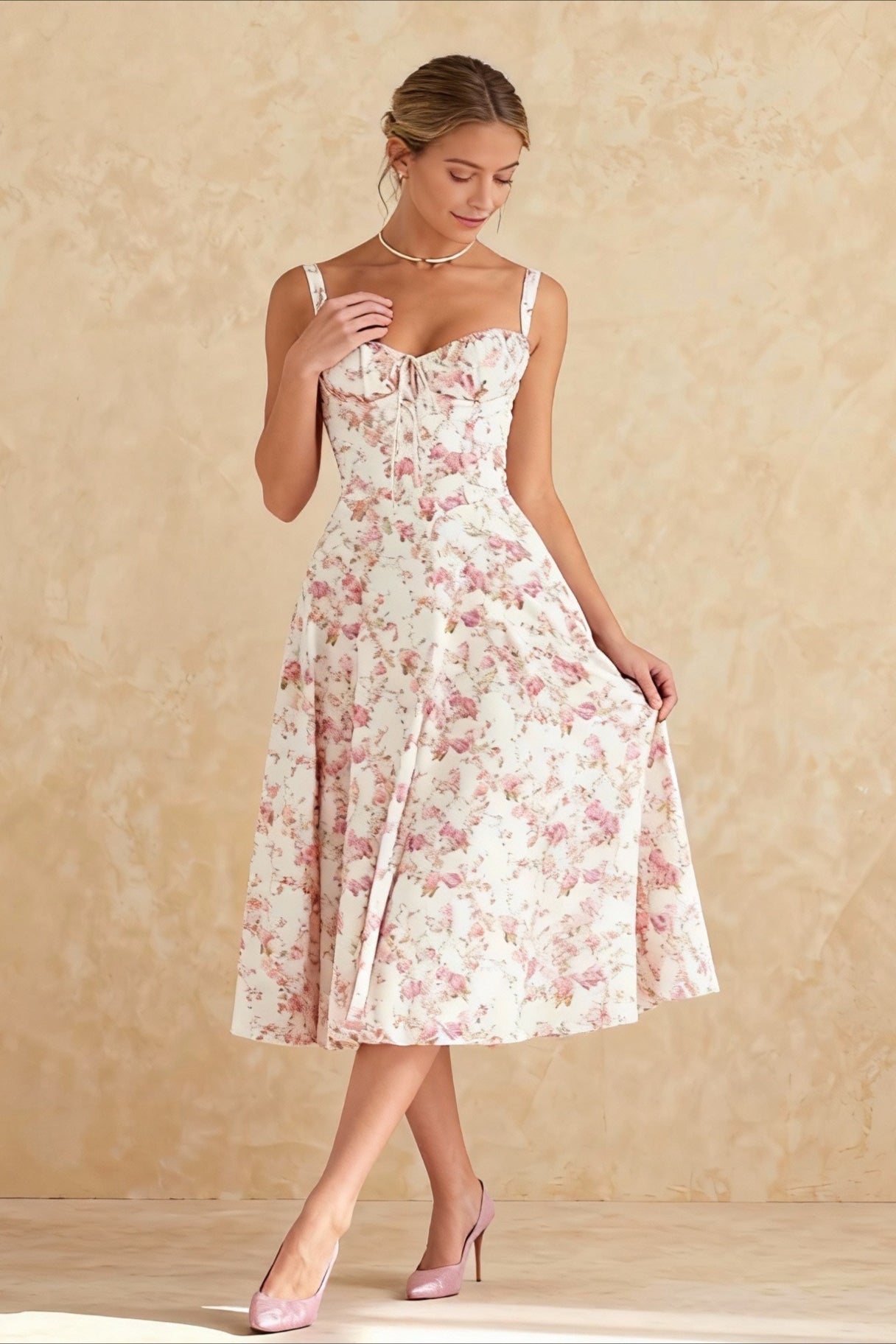 Bustier Sweetheart Tie Front Wide Strap Floral Print A-Line Midi Dress