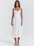 Soft Pink Summer Dress Sleeveless Straps Neck Cottagecore Lace Up Midi Dress For Women