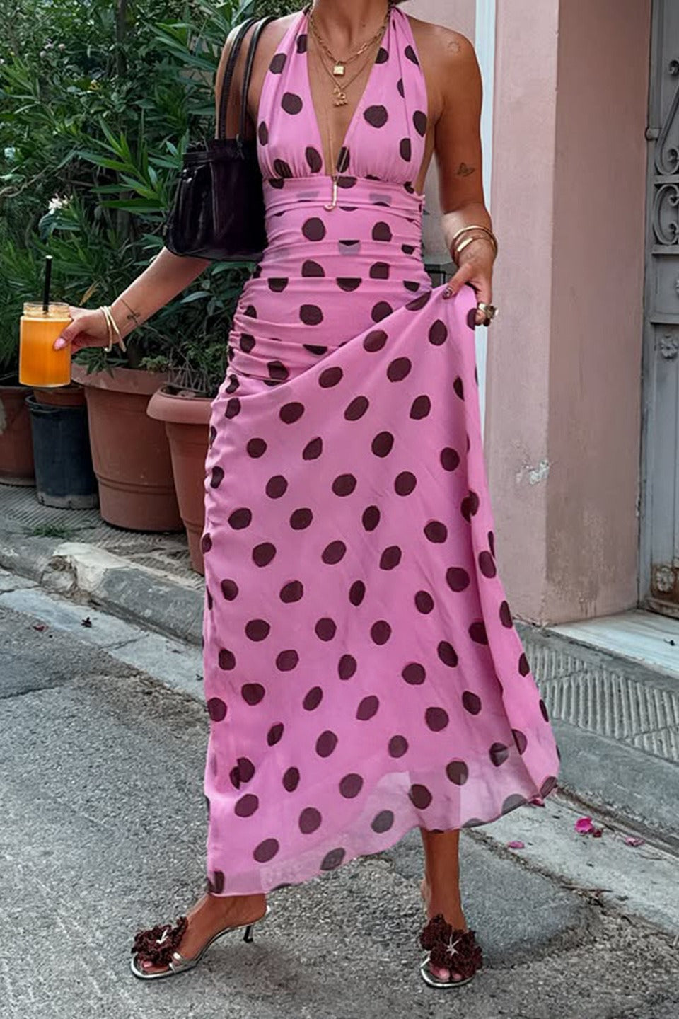 Pink Polka Dot Halter V-Neck Colorblock Bodycon Maxi Dress