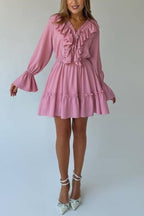 Solid Color V-neck Ruffled Ruched Long-sleeved Vacation Mini Dress