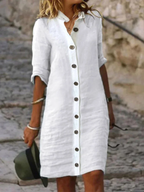 Casual   Big Round Buttons Cotton  Dress