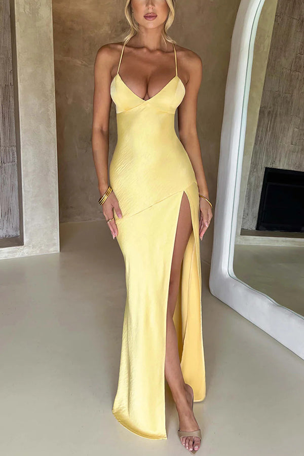 Satin Deep V-Neck Spaghetti Strap High Slit Column Maxi Dress