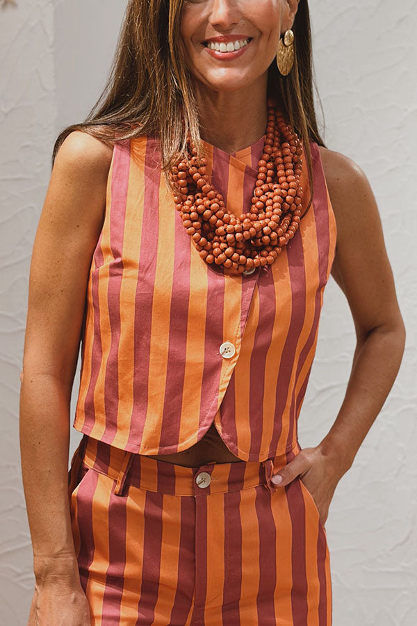 City Outfit Colorful Stripes Button Up Vest and Elastic Waist Pocket Loose Pants Set