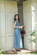 Floral Print Ruffle Trim V-Neck Cap Sleeve Fit and Flare Maxi Summer Dress