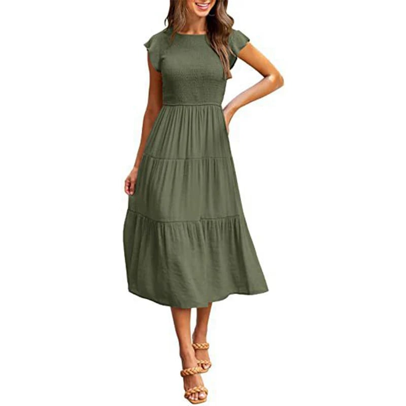 Smocked Bodice Flutter Sleeve Tiered A-Line Midi Dress