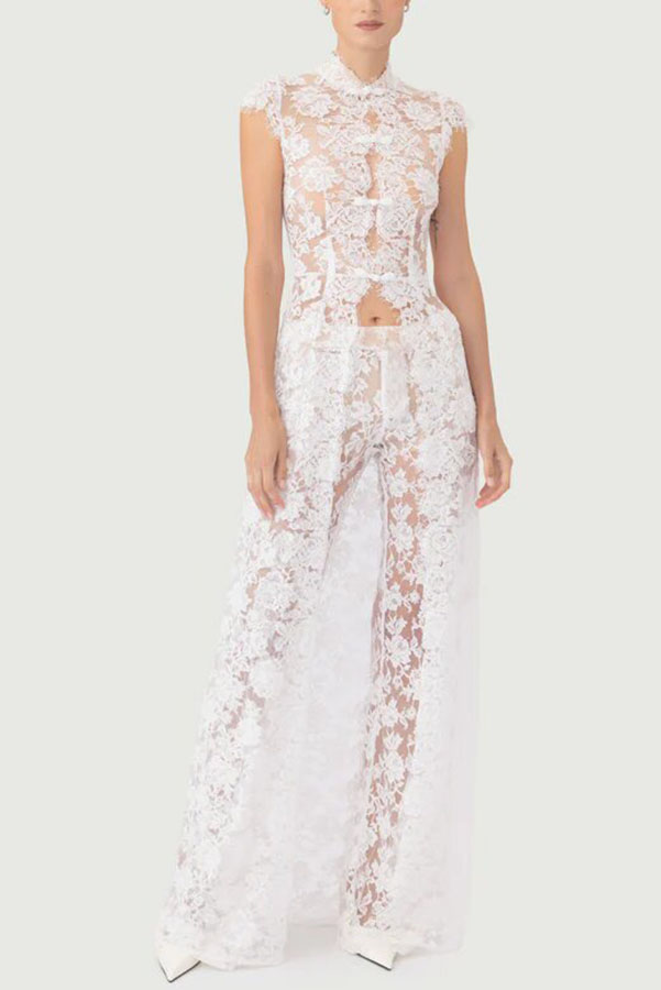 Saphina Floral Lace Pipa Knot Detail Short Sleeve Center Front Slit Maxi Top